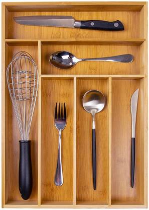 Kebica Bamboo Wood Cutlery Drawer Organizer Tray,5 Compartments, 15.5x11 Inches Set-1 Tray