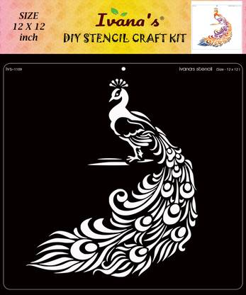 IVANA'S Peacock Stencil for Art & Craft , Reusable DIY Decorative Stencil IVS-1109 for Painting on Canvas, Fabric, Cloth, Paper, Glass and Wall,Size-12 x 12 inch, Stencil