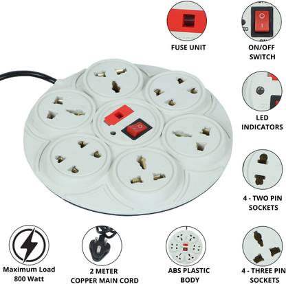 Digiway 8+1 Round Extension Cord/Board ,2 Meter Cord Wire(Beige) 8  Socket Extension Boards