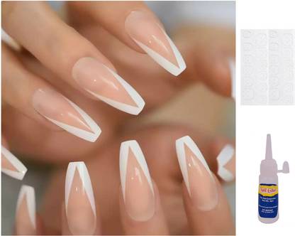 TBUY V-Shaped Coffin Nails White French False Fake nails with Nail glue stickers Natural