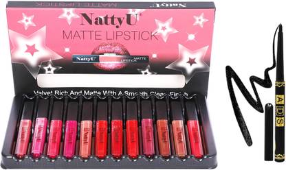 NattyU Premium Waterproof Velvet Matte Lipstick combo with Eyeliner Pencil (Pack of 12)