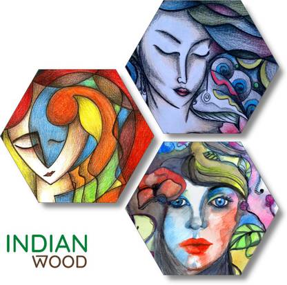 indian wood Glass Modern Art Set of 3 Hexagon Wall Decor Digital Reprint 21 inch x 21 inch Painting