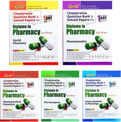 Diploma In Pharmacy (D.Pharma) First Year Chapterwise Question Bank And Solved Papers (Complete Set Of 5 Books) By Gold Books (India). Strictly As Per Latest ER 2020 PCI Syllabus