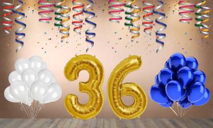 Balloonistics Gold Number 36 Foil Balloon and 25 Nos Blue White Metallic Shiny Latex Balloon