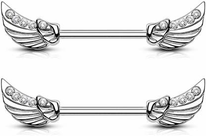 Via Mazzini Angels Wings Surgical Steel Nipple Bar (1 Pair) Piercing Required Stainless Steel Beaded Charm