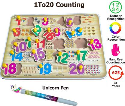 SHALAFI Math 1to20 Counting Board Blocks Game +unicorn pen Number Peg Puzzle For Kids