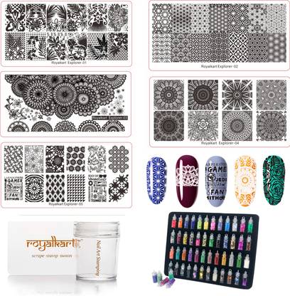 Royalkart Explorer Nail Art Kit, 5 Nail Art Stamping Plates, 48 PCs Glitter Set Combo