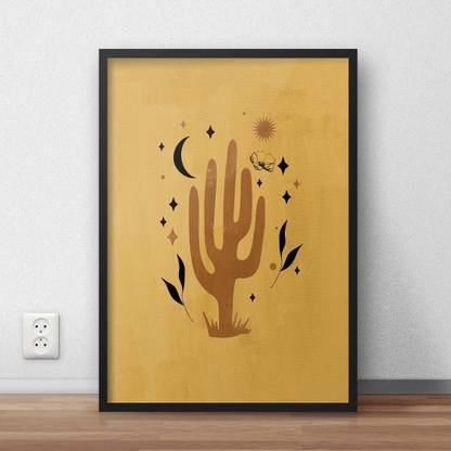 Boho Abstract Cactus Print, Desert Moon Wall Art Print, Cactus Line Art, Minimal Prints, Boho Decor, Bohemian Wall Art Terracotta Black Art Fine Art Print