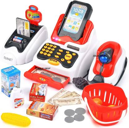 Ghoniya enterprise cash register for kids with checkout scanner,fruit card reader, credit card machine, play money and food shopping play set