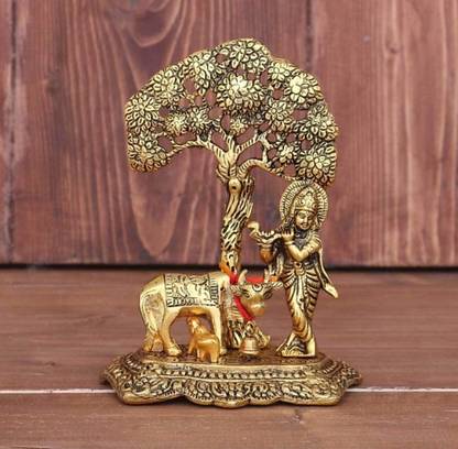 ARKCreations Metal Krishna with Cow Standing Under Tree Plying Flute Decorative Showpiece  -  17 cm