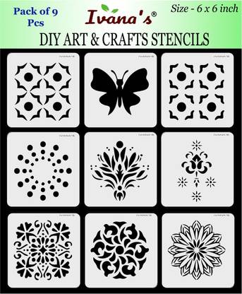 IVANA'S Multi Design for Art & Craft , Reusable DIY Decorative Stencil CIVS-9042 for Painting on Canvas, Fabric, Cloth, Paper,Glass, Wall,Size-6x6 inch,Pack of 9 Stencil