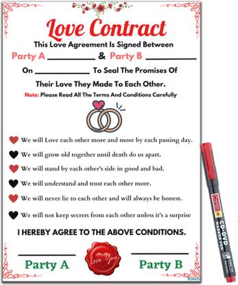 RINKON Love Contract Agreement Card Certificate With Permanent Marker Girlfriend Greeting Card