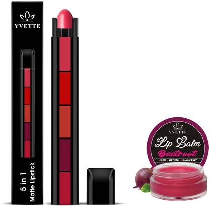 YVETTE 5 Matte Finish 5 in 1 Lipstick 7.5gm and Lip Balm Beetroot 10g