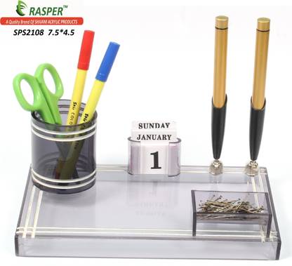 RASPER 3 Compartments Small Acrylic Table Top Pen Holder Multipurpose Stationery Desktop Organizer Pen Holder Office Pen Stand