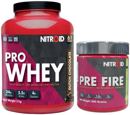 Nitroid Combo Offer-Pro Whey -2 kgs(Chocolate)+Pre Fire -300 g (Lemon Lime)(Pre Workout) Whey Protein