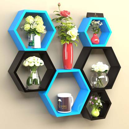 Onlineshoppee Set Of 6 Hexagon shape Designer Storage Shelves - Blue &Black Wooden Wall Shelf