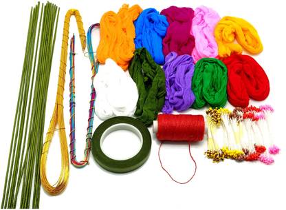 PRANSUNITA Complete Stocking Flower Making kit for Beginners - Includes Flower Making Imported Stockings Cloth, Golden, Multi & Green Hard Wires, Pollens, Floral Tape, & Tying Thread