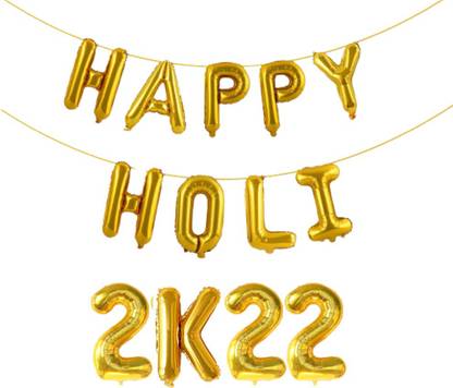 FLICK IN Solid Happy Holi 2k22 Decorative Item Gold Happy Holi 2022 Foil Balloon Decoration Balloon