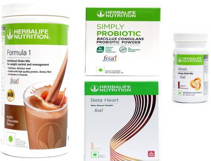 Herbalife Nutrition Formula 1 Chocolate & Beta Heart & Simply Probiotic & Afresh Elaichi Set of 4 Combo