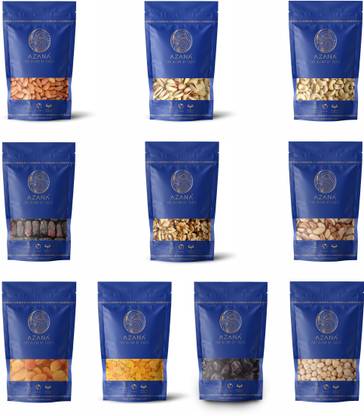 Azana Dry Fruits, Nuts & Dates Combo Value Pack of 10, 1KG Combo Pack 100g Each Almonds, Pistachios, Cashews, Dates, Walnuts, Brazil Nuts, Apricots, Raisins, Prunes, Hazelnuts