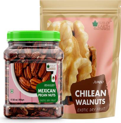 Bliss of Earth Mexican Pecan Nuts 500gm + 500gm Chilean Jumbo Walnut Rich Flavonoids Super Food COMBO (Pack of 2) Walnuts, Pecans