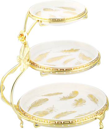 Lemon Tree Ceramic 3 Tier Cake Stand Buffet Organiser with Golden Metal Stand White Tray