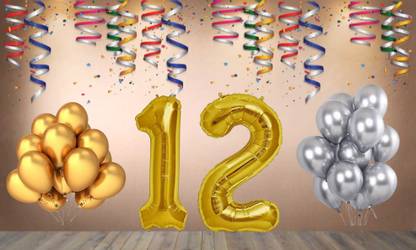 Balloonistics Gold Number 12 Foil Balloon and 25 Nos Silver Gold Metallic Shiny Latex Balloon