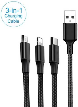 Zohlo Power Cord 1.5 m 3 In 1 Flexible Fast Charging Cable Multi Pins For Android, iOS & Type-C