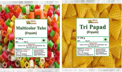 Veg E Wagon Multi color Tube & Tri (Triangular) Shaped Papad 250 g each in Pouch Fryums (Pack of 2)