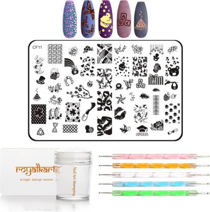 Royalkart Nail Art Stamping Kit Jumbo Image Plate With Soft Nail Silicon Stamper, Scraper & 5pcs Double-Sided Dotting Tool(CF11)