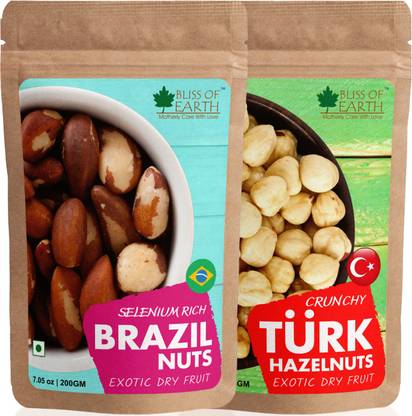 Bliss of Earth Combo of Healthy Brazil Nuts Selenium Rich Super Nut and Turkish Hazelnuts, Raw & Dehulled, Healthy & Tasty Pack Of 2 (200gm Each) Brazil Nuts, Hazelnuts