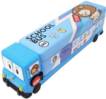 नील School Bus geometry box कार्टून बस बॉक्स आर्ट प्लास्टिक पेंसिल बॉक्स