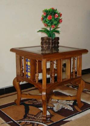 QA Antique Handicraft Look Teak Wood Corner Small Coffee Table with Glass Top (Brown, 18x15x15-inch) Solid Wood Side Table