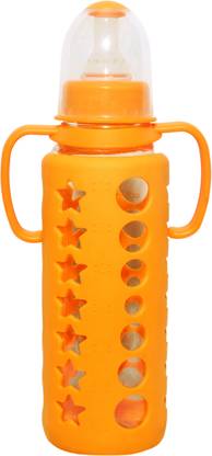 New Bornbaby hub High Borosilicate Glass Feeding Bottle with Premium Silicon Cover(Orange, 240ml) - 240
