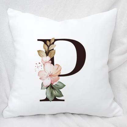 Plezer Color Lab Alphabet Letter 'P' Name Initial Pillow Cover With Filler (16x16 inch) (Square) Polyester Fibre Floral Cushion Pack of 1