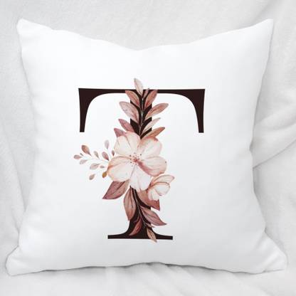 Plezer Color Lab Alphabet Letter 'T' Name Initial Pillow Cover With Filler (16x16 inch) (Square) Polyester Fibre Floral Cushion Pack of 1