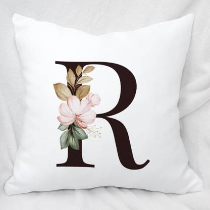Plezer Color Lab Alphabet Letter 'R' Name Initial Pillow Cover With Filler (16x16 inch) (Square) Polyester Fibre Floral Cushion Pack of 1