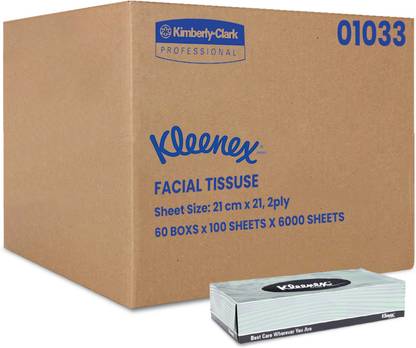 Kleenex Facial Tissue (1033) - Flat Box-60 Boxes x 100 2 Ply Facial Tissues (6000 Total)