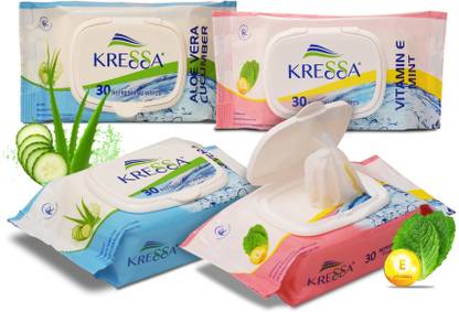 KRESSA Wet Wipes Pack of 4 - Aloe Vera Cucumber & VitaminE Mint 2 Pack Each PH Balanced