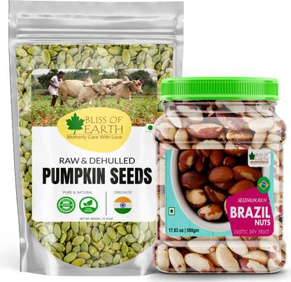 Bliss of Earth Combo Of Healthy Brazil Nuts Rich Super Nut (500gm) And Dehulled Pumpkin Seeds (600gm) for Eating & Weight Loss Pack Of 2 Combo