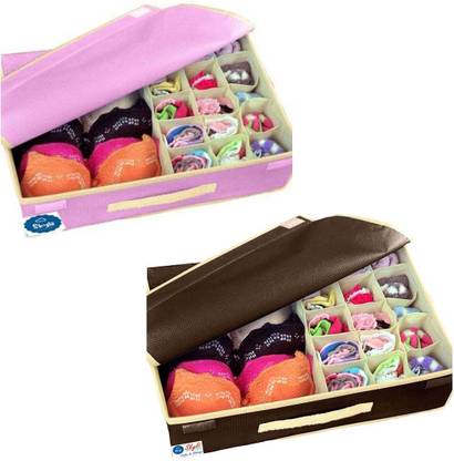 Skylii Lingerie Storage Organizer Storage Box Lingerie Storage Case Pink & Brown 15+1 Multi Compartment Cell Non-Smell Foldable Lingerie Storage Box With Lid Non-Woven Drawer Dividers for Bra Panty Underwear Pack of 2 Pc