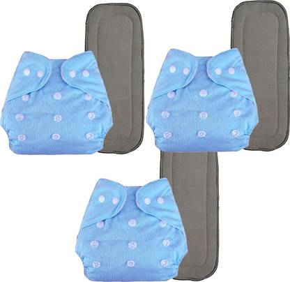 Smiling Cart 3pc Cloth Diapers and 3pc Wet-Free Insert ,Reusable( set of 3, Sky Blue )