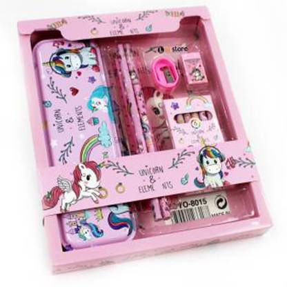 Kidoz pathshala 2 pencils, 1 sharpener, 1 eraser, 1 Scale, 6 pcs Crayons and a Pencil Box baby unicorn Art Metal Pencil Box