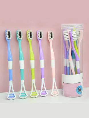 FLOSTRAIN 2 in 1 Soft Toothbrush with Tongue Scraper Cleaner,5 Pack Ultra Soft Bristle Ultra Soft Toothbrush