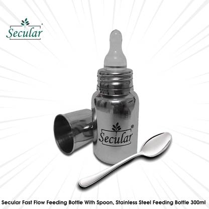 Secular Fast Flow Feeding Bottle With Spoon, Stainless Steel Feeding Bottle 300ml - 300 ml