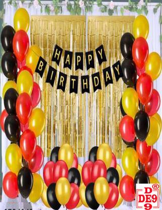DE9 Solid Happy Birthday Black Banner,30 Black,Gold,Red Balloons,2 Golden shiny curtain Balloon