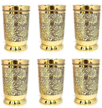 AlAmmanHome (Pack of 6) Mughal Design Etching Finish Brass Glass Glass Set Water/Juice Glass