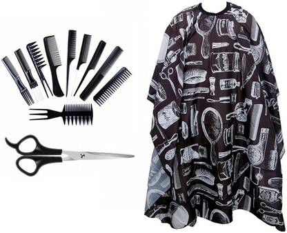 BIGWHEEL Combo Of Hair Styling Salon Combs,Scissors With Black Printed Hair Cutting Sheet Makeup Apron