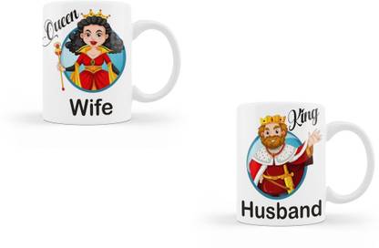 AD Gifts King Husband and Queen Wife Ceramic Coffee (325 ml, Pack of 2) Ceramic Coffee Mug