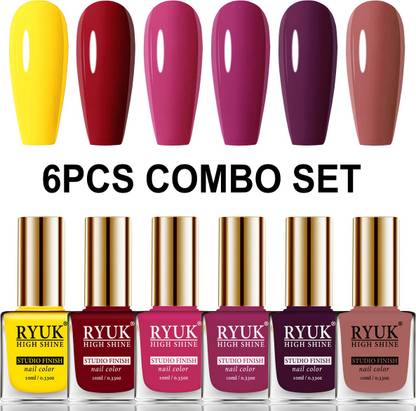 RYUK Long Shine HD Colors Nail Polish Combo Offer Set of 6 Pcs CODE-165 Yellow, Blued Red, Magenta, Dark Magenta, Wine, Brownish Pink